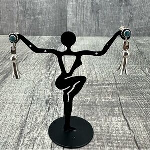 Vtg Navajo Sterling Silver Turquoise Squash Blossom Post Dangle Earrings 1.25"